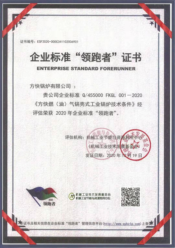 方快鍋爐領(lǐng)跑者榮譽(yù)證書